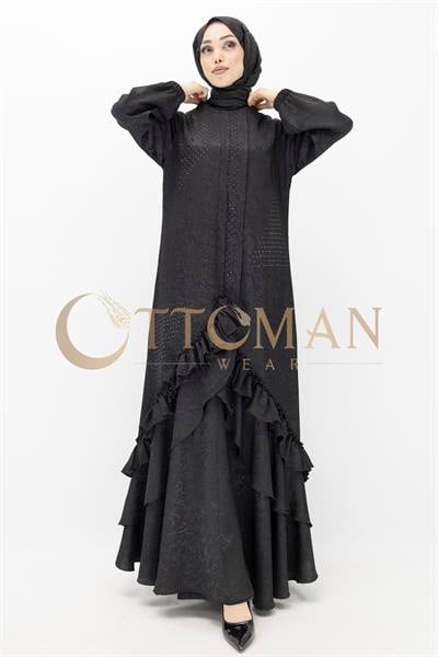 Ottoman Nazende Büyük Beden Jakar Kumaş Taşlı Volanlı Elbise Siyah OTW1111