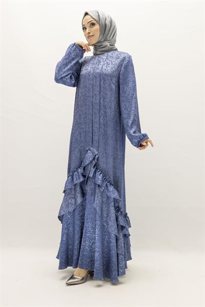 Ottoman Nazende Büyük Beden Jakar Kumaş Taşlı Volanlı Elbise Mavi OTW1111