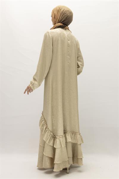 Ottoman Nazende Büyük Beden Jakar Kumaş Taşlı Volanlı Elbise Krem OTW1111