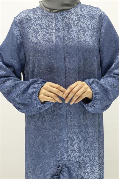 Ottoman Nazende Büyük Beden Jakar Kumaş Taşlı Volanlı Elbise Mavi OTW1111