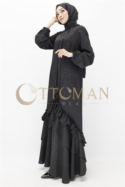 Ottoman Nazende Büyük Beden Jakar Kumaş Taşlı Volanlı Elbise Siyah OTW1111