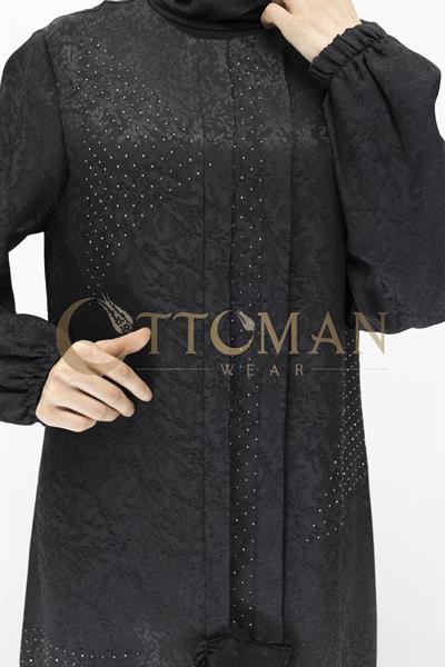 Ottoman Nazende Büyük Beden Jakar Kumaş Taşlı Volanlı Elbise Siyah OTW1111
