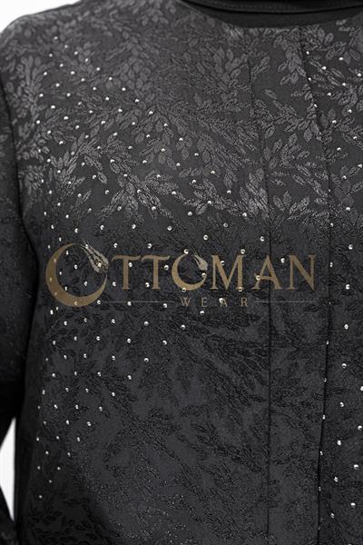 Ottoman Nazende Büyük Beden Jakar Kumaş Taşlı Volanlı Elbise Siyah OTW1111