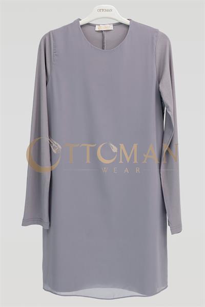 Ottoman Önü Şifon Detaylı Pamuk Penye İçlik Tunik Gri OTW2177