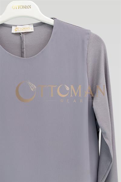 Ottoman Önü Şifon Detaylı Pamuk Penye İçlik Tunik Gri OTW2177