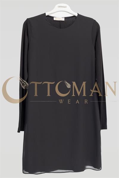 Ottoman Önü Şifon Detaylı Pamuk Penye İçlik Tunik Siyah OTW2177