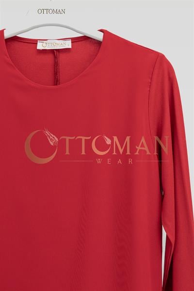 Ottoman Önü Şifon Detaylı Pamuk Penye İçlik Tunik Kırmızı OTW2177