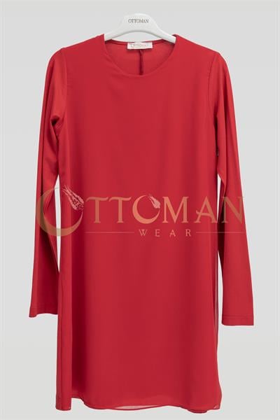 Ottoman Önü Şifon Detaylı Pamuk Penye İçlik Tunik Kırmızı OTW2177