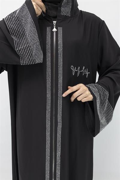 OTTOMAN TAŞLI DUBAİ FERACE Siyah-Gümüş OTW6112