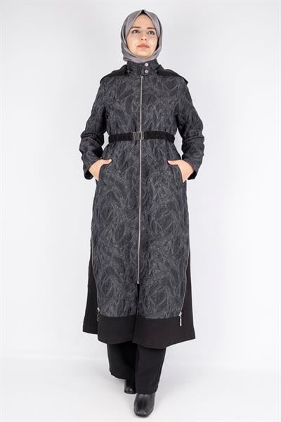OTW1585 Orhan Store Desen Dokulu Astarlı Tesettür Kap  Tam Fermuarlı Siyah