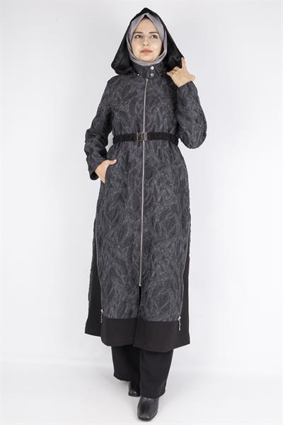 OTW1585 Orhan Store Desen Dokulu Astarlı Tesettür Kap  Tam Fermuarlı Siyah