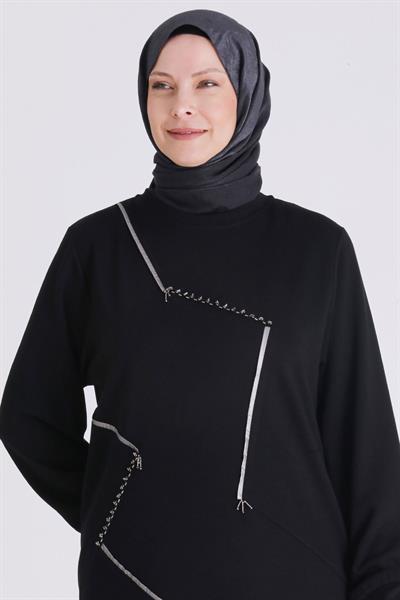 (OTW2064 Asimetrik Çizgi Detaylı Rahat Kesim Büyük Beden Tunik Siyah OTWV2064