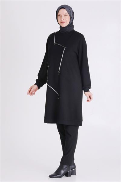 (OTW2064 Asimetrik Çizgi Detaylı Rahat Kesim Büyük Beden Tunik Siyah OTWV2064