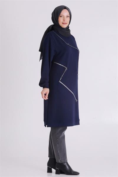(OTW2064 Asimetrik Çizgi Detaylı Rahat Kesim Büyük Beden Tunik Lacivert OTWV2064