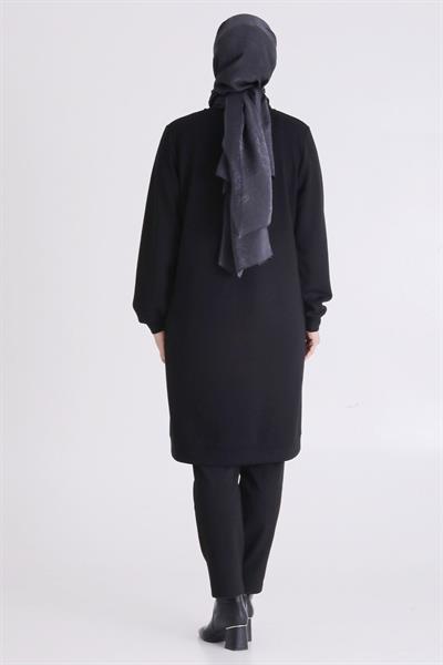 (OTW2064 Asimetrik Çizgi Detaylı Rahat Kesim Büyük Beden Tunik Siyah OTWV2064