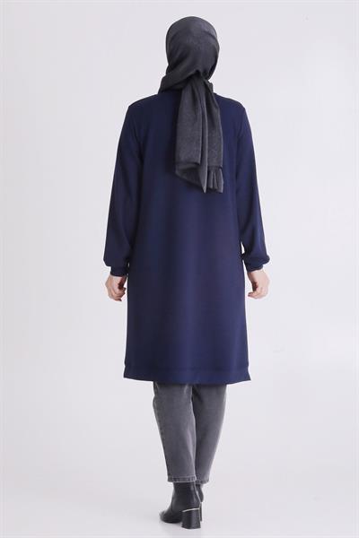 (OTW2064 Asimetrik Çizgi Detaylı Rahat Kesim Büyük Beden Tunik Lacivert OTWV2064