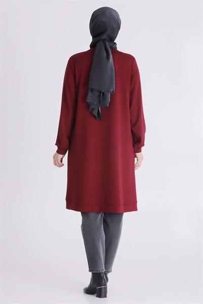 (OTW2064 Asimetrik Çizgi Detaylı Rahat Kesim Büyük Beden Tunik Vişne OTWV2064