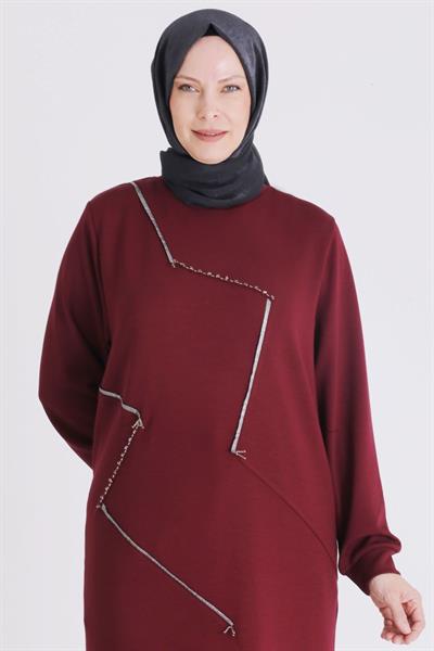 (OTW2064 Asimetrik Çizgi Detaylı Rahat Kesim Büyük Beden Tunik Vişne OTWV2064
