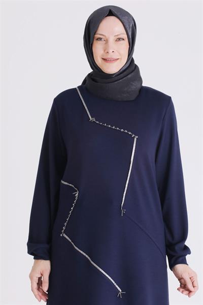 (OTW2064 Asimetrik Çizgi Detaylı Rahat Kesim Büyük Beden Tunik Lacivert OTWV2064