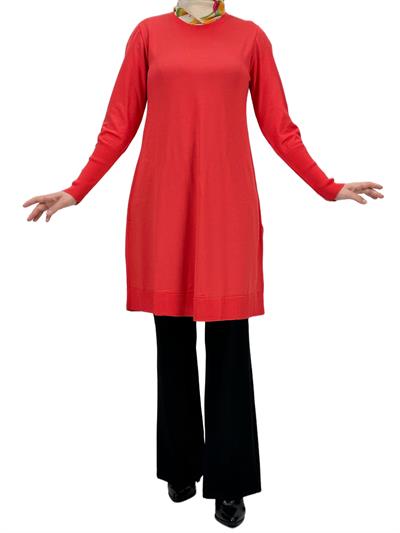OTW2769-2 Kolları Düğmeli Merserize Triko Tunik Mercan