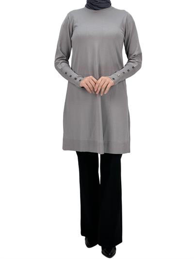 OTW2769-2 Kolları Düğmeli Merserize Triko Tunik Gri