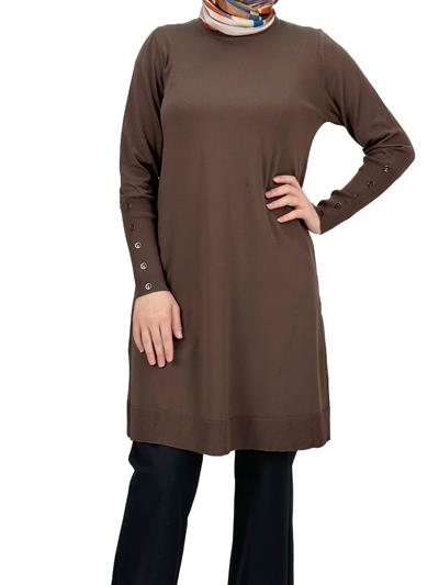 OTW2769-2 Kolları Düğmeli Merserize Triko Tunik Kahve