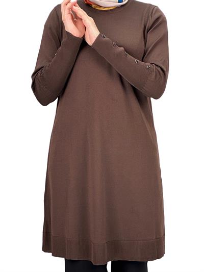 OTW2769-2 Kolları Düğmeli Merserize Triko Tunik Kahve