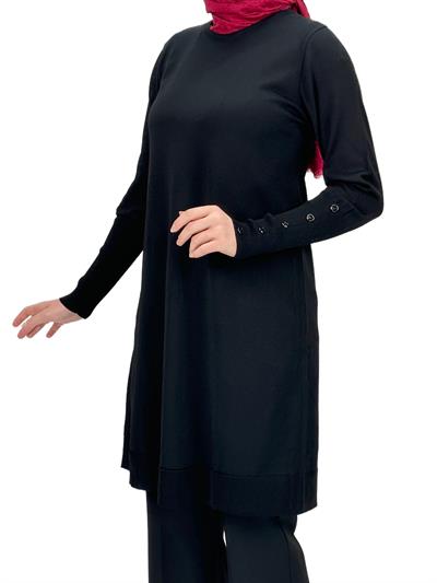 OTW2769-2 Kolları Düğmeli Merserize Triko Tunik Siyah