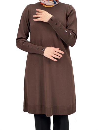 OTW2769-2 Kolları Düğmeli Merserize Triko Tunik Kahve