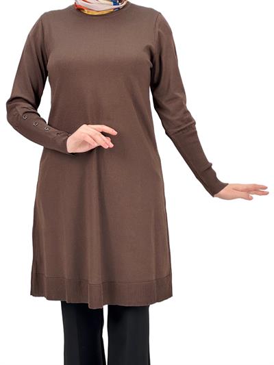OTW2769-2 Kolları Düğmeli Merserize Triko Tunik Kahve