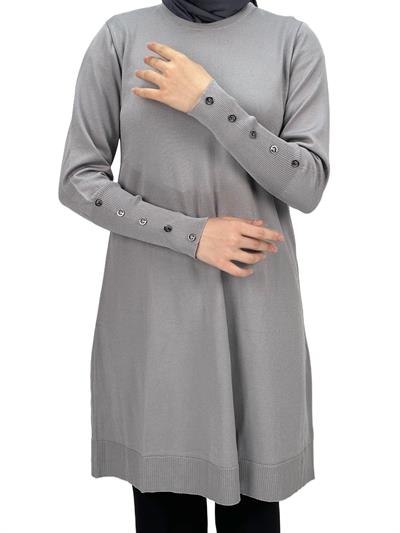 OTW2769-2 Kolları Düğmeli Merserize Triko Tunik Gri