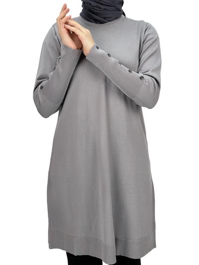 OTW2769-2 Kolları Düğmeli Merserize Triko Tunik Gri