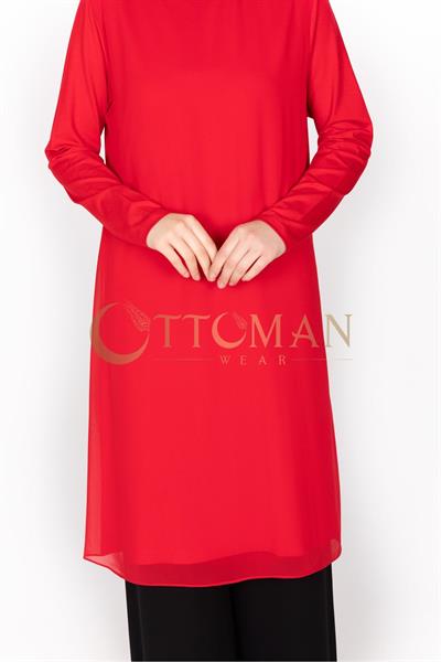 Önü Şifon Detaylı Penye Uzun Kollu İçlik  Kırmızı OTW8832