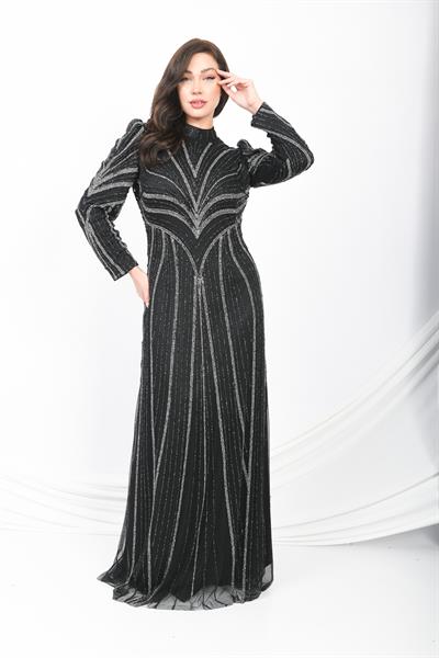 Parıltılı Çizgi Desenli Prenses Omuzlu Abiye Siyah OTW3122