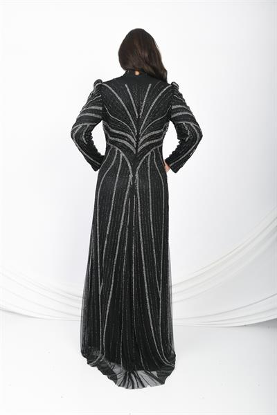 Parıltılı Çizgi Desenli Prenses Omuzlu Abiye Siyah OTW3122