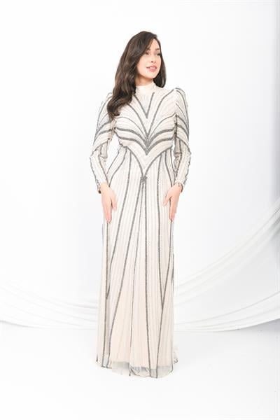 Parıltılı Çizgi Desenli Prenses Omuzlu Abiye Krem OTW3122