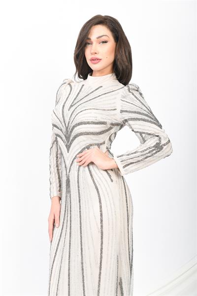 Parıltılı Çizgi Desenli Prenses Omuzlu Abiye Krem OTW3122