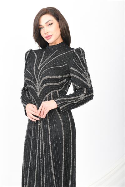 Parıltılı Çizgi Desenli Prenses Omuzlu Abiye Siyah OTW3122