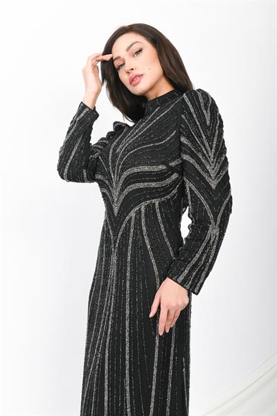 Parıltılı Çizgi Desenli Prenses Omuzlu Abiye Siyah OTW3122