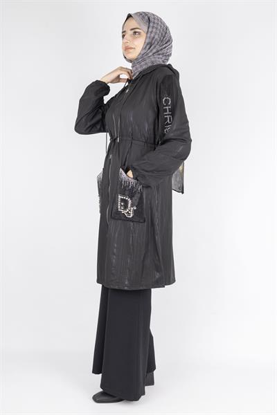 Parlak Detaylı Tesettür Taşlı Kap Siyah OTW1007