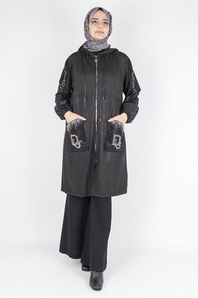 Parlak Detaylı Tesettür Taşlı Kap Siyah OTW1007