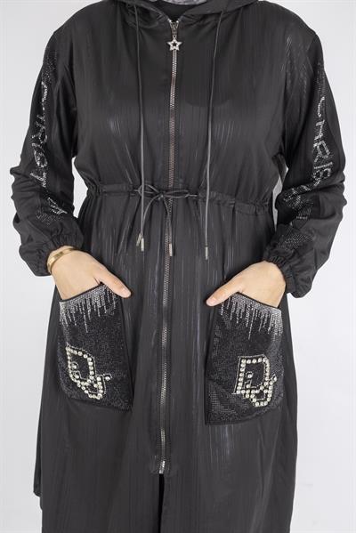 Parlak Detaylı Tesettür Taşlı Kap Siyah OTW1007