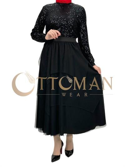 Payet Bluz ve Tütülü Etekli Takım Siyah OTW3227