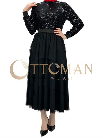 Payet Bluz ve Tütülü Etekli Takım Siyah OTW3227