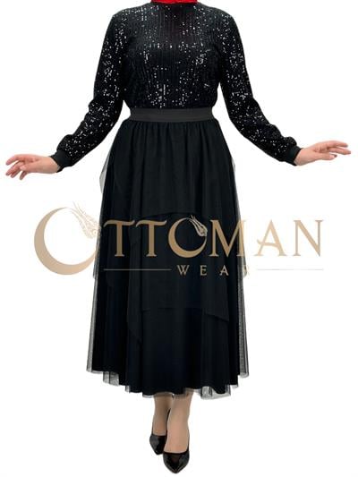 Payet Bluz ve Tütülü Etekli Takım Siyah OTW3227