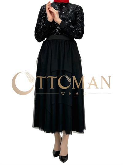 Payet Bluz ve Tütülü Etekli Takım Siyah OTW3227