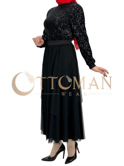 Payet Bluz ve Tütülü Etekli Takım Siyah OTW3227