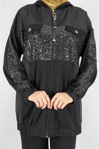 Payet Detaylı Fermuarlı Kapüşonlu İkili Takım Siyah OTW2683