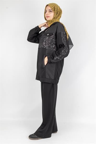 Payet Detaylı Fermuarlı Kapüşonlu İkili Takım Siyah OTW2683