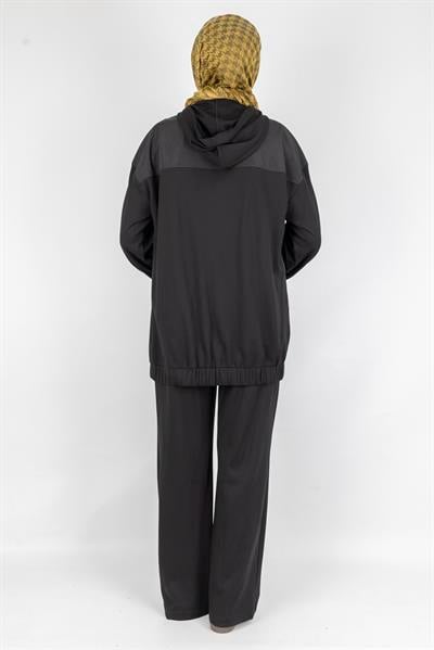 Payet Detaylı Fermuarlı Kapüşonlu İkili Takım Siyah OTW2683